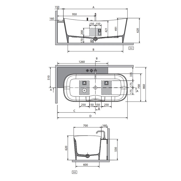 Novellini ванна 175х86х62см, угловая, sx, со смесителем, с донным клапаном click-clack, novotech, ship, shi1160702as-uu цвет: белый матовый