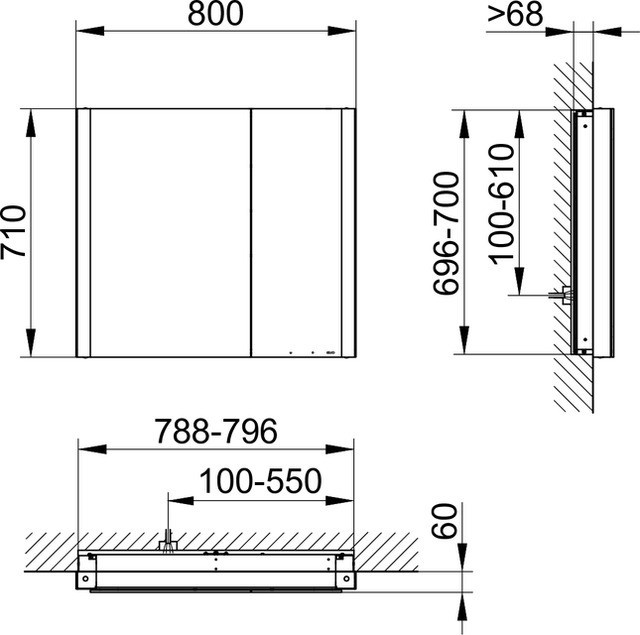 Keuco шкаф с подсветкой и подогревом для встраиваемого монтажа 115 мм х 800 мм х 710 мм, с 2 поворотными ассиметричными дверцами, somaris, зеркальный арт. 14512 002201