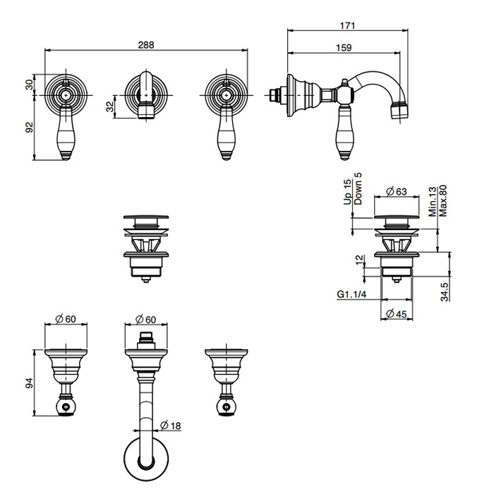 Fima Carlo Frattini смеситель для раковины, встраиваемый, излив: 15.9см., черные ручки, herend, хром арт. f5401/5cncr