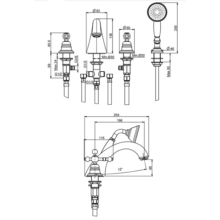 Fima Carlo Frattini смеситель на борт ванны, на 4 отв., сручным душем, epoque, золото арт. f5064or