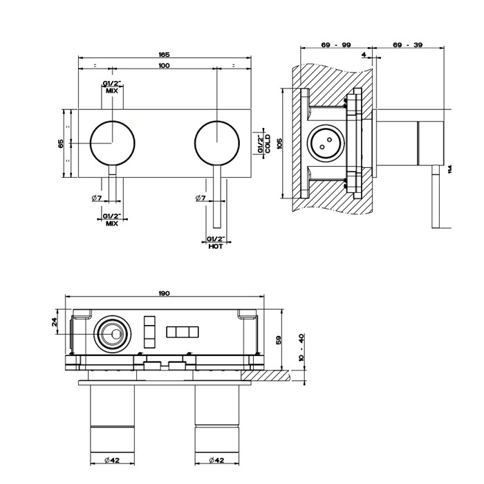 Gessi Встраиваемый однорычажный смеситель, картридж ?35 мм, на две позиции с автоматическим переключателем, Shower316, 54079#239 цвет: шлифованная сталь