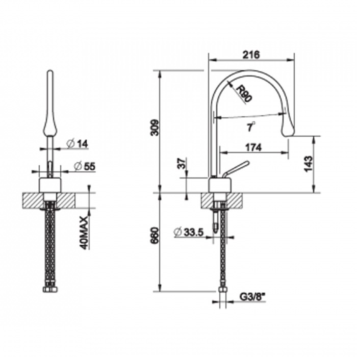 Gessi Смеситель для раковины на 1 отверстие, излив 174мм R=90, Goccia, 33601#299 цвет: черный