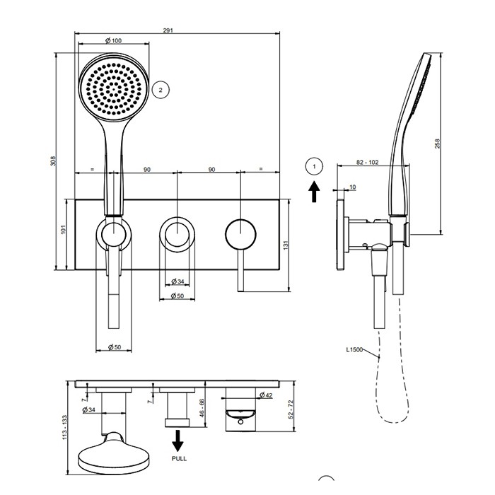 Gessi Смеситель для душа, встраиваемый, на 2 позиции с переключателем, подводом воды и держателем лейки, душевой лейкой и шлангом, Emporio Via tortona, 44829#031 цвет: хром