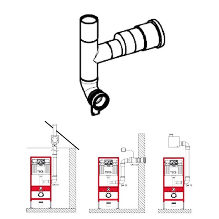 TECE сливной патрубок с отводом для подключения к вентиляции dn 70, 90 градусов, отвод вправо, - 9820078