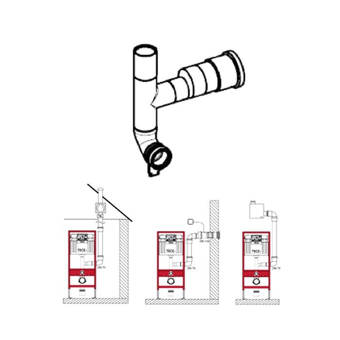 TECE сливной патрубок с отводом для подключения к вентиляции dn 70, 90 градусов, отвод вправо, - 9820078