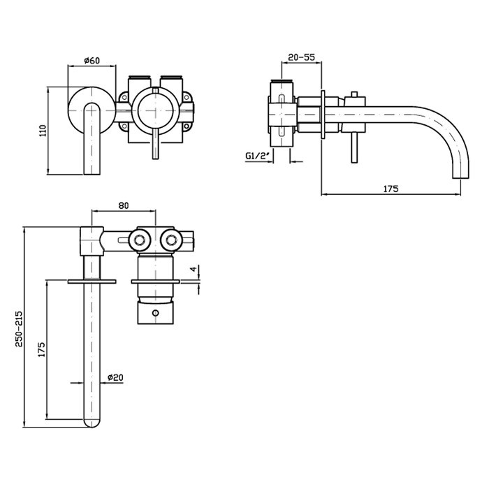 Zucchetti смеситель для раковины, встраиваемый, изилв: 17.5см, внешняя часть, helm, матовая нержавеющая сталь арт. zhe721.x