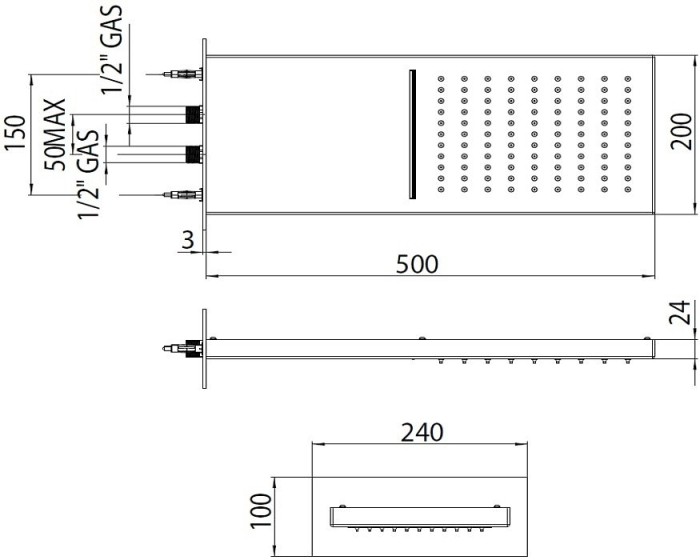Bossini верхний душ manhattan-2 500 мм х 200 мм х 24 мм с 2 режимами струи, manhattan2, черный арт. i00570.073