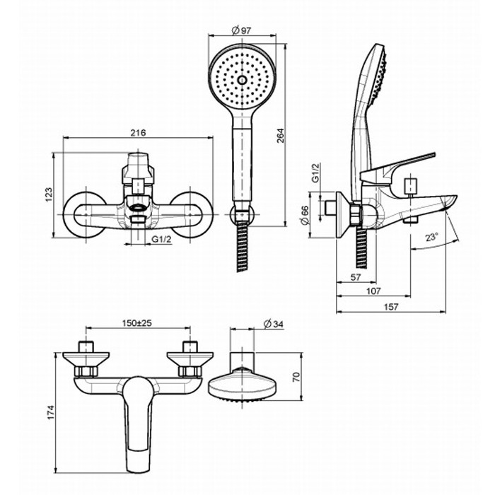 Fima Carlo Frattini смеситель внешнего монтажа на ванну с душевым комплектом, serie 4, хром арт. f3764cr