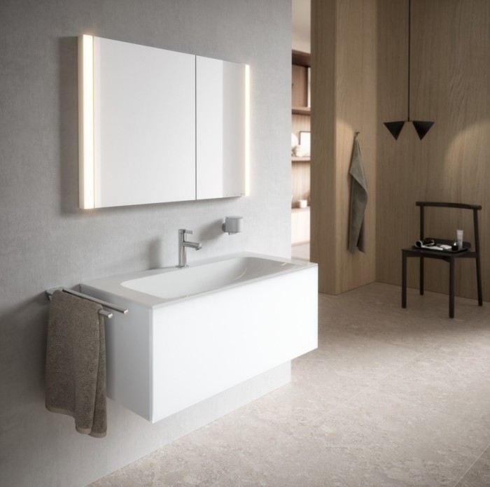 Keuco шкаф с подсветкой для встраиваемого монтажа 115 мм х 800 мм х 710 мм, с 2 поворотными ассиметричными дверцами, somaris, белый матовый арт. 14512 512200