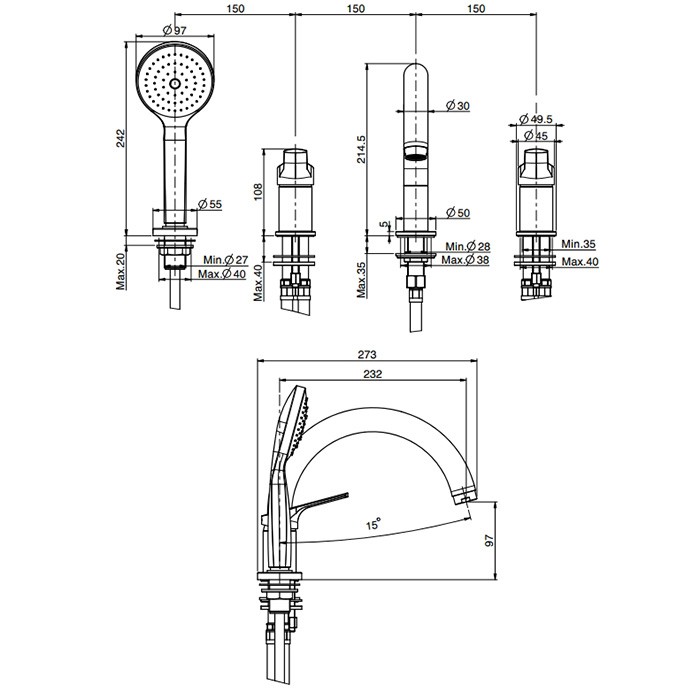 Fima Carlo Frattini смеситель на борт ванны, на 4 отв., с ручным душем, serie 4, хром арт. f3784/4ncr