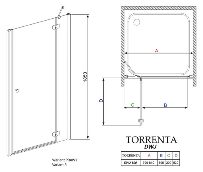 Radaway душевая дверь dwj 80 профиль хром стекло прозрачное, Torrenta - 32010-01-01N