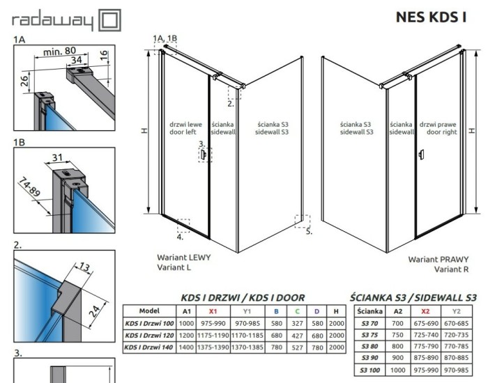 Radaway душевой уголок kds i, 100 x 80 см, Nes Black - 10023100-54-01L, 10043080-54-01