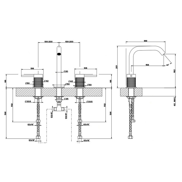 Gessi Смеситель для раковины на 3 отверстия, без донного клапана, Cesello, 54412#239 цвет: шлифованная сталь