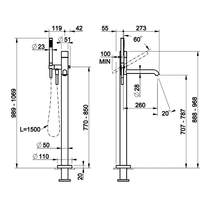 Gessi Смеситель для ванны, напольный, с ручным душем, Habito Rigato, 70528#031 цвет: хром