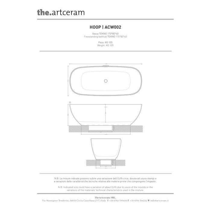 Ванна HOOP 170x70хh50 см отдельностоящая, petrolio, Art Ceram HOOP арт. ACW002 42