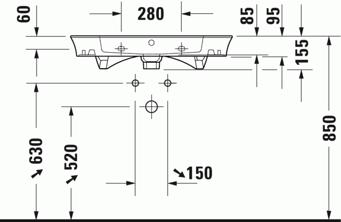 Duravit раковина встраиваемая 490 мм х 750 мм, с отверстием под смеситель, с переливом, white tulip, 2363750000 цвет: белый