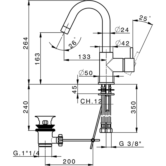 Cisal смеситель однорычажный для раковины 1 отверстие с донным клапаном ln00047540 less new, цвет: черный