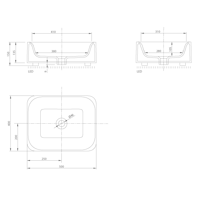 Knief раковина 50х40х15 см, без отв., с пьедисталом, без перелива, с LED подсветкой, Shine, 0600-043-01bi matt цвет: белый