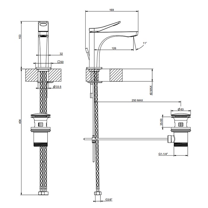 Gessi Смеситель для раковины на 1 отв. с донным клапаном h=153мм, излив 126мм, Rilievo, 59001#279 цвет: bianco cn