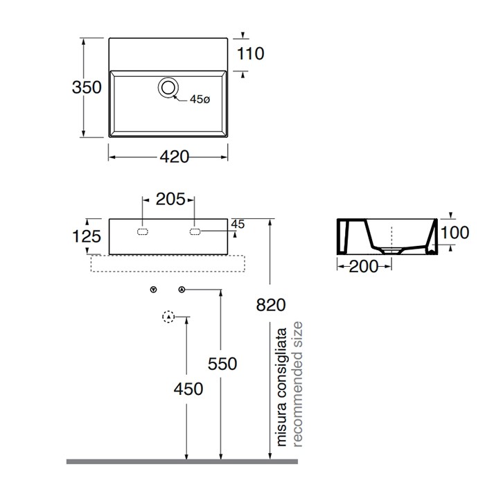Azzurra раковина подвесная/накладная 42х35х12,5см., без отв., Azzurra, ELLP042350Q0CA*0 carbone цвет: carbone