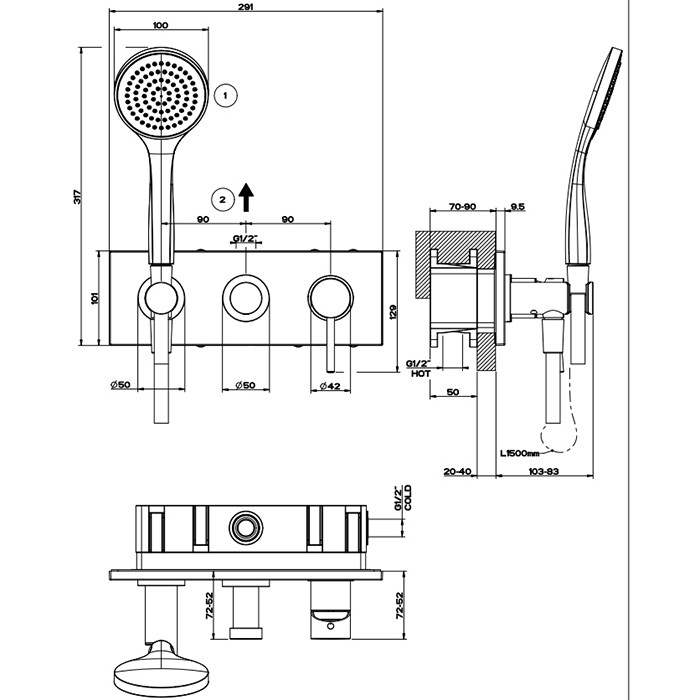 Gessi Смеситель для душа, встраиваемый, на 2 позиции с переключателем, подводом воды и держателем лейки, душевой лейкой и шлангом, Emporio Via tortona, 44828#031 цвет: хром