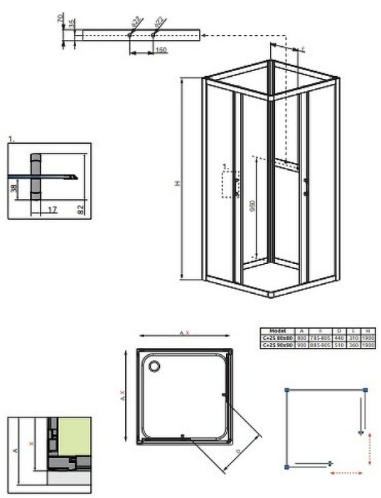 Radaway задние стенки для душевого уголка 80x80 профиль хром стекло графит, Premium Plus - 33443-01-05N