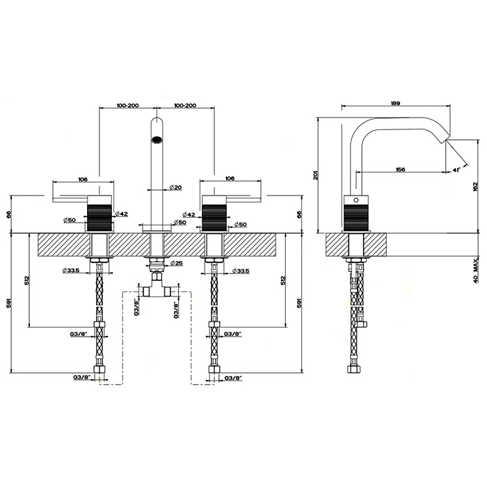 Gessi Смеситель для раковины на 3 отверстия, без донного клапана, Trame, 54312#239 цвет: шлифованная сталь