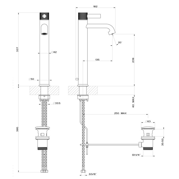 Gessi Смеситель для раковины на 1 отверстие, высокий h=337мм, с донным клапаном, Inciso, 58003#149 цвет: finox