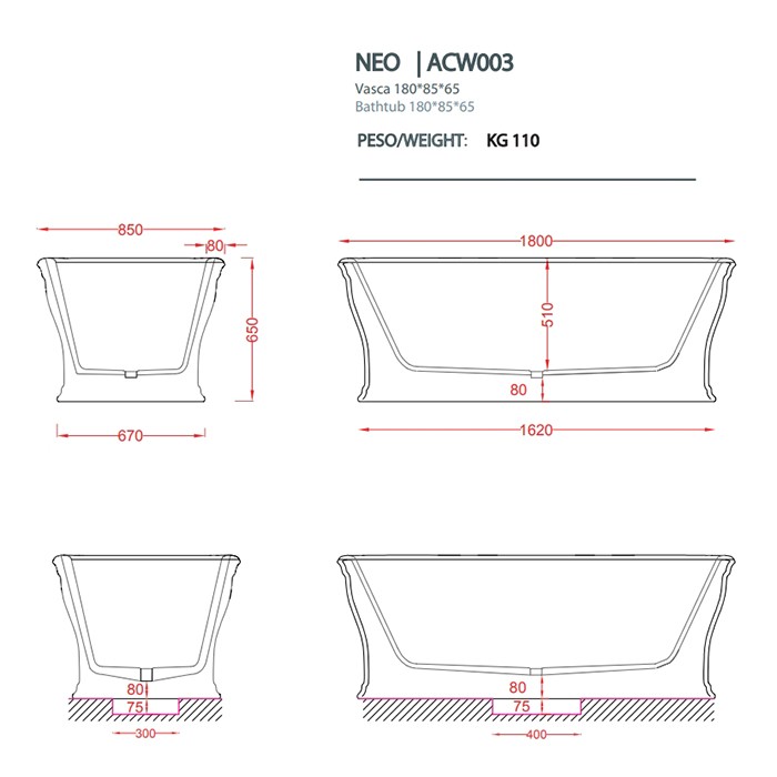 Ванна NEO 180х85хh65 см отдельностоящая, черный глянцевый, Art Ceram NEO арт. ACW003 03