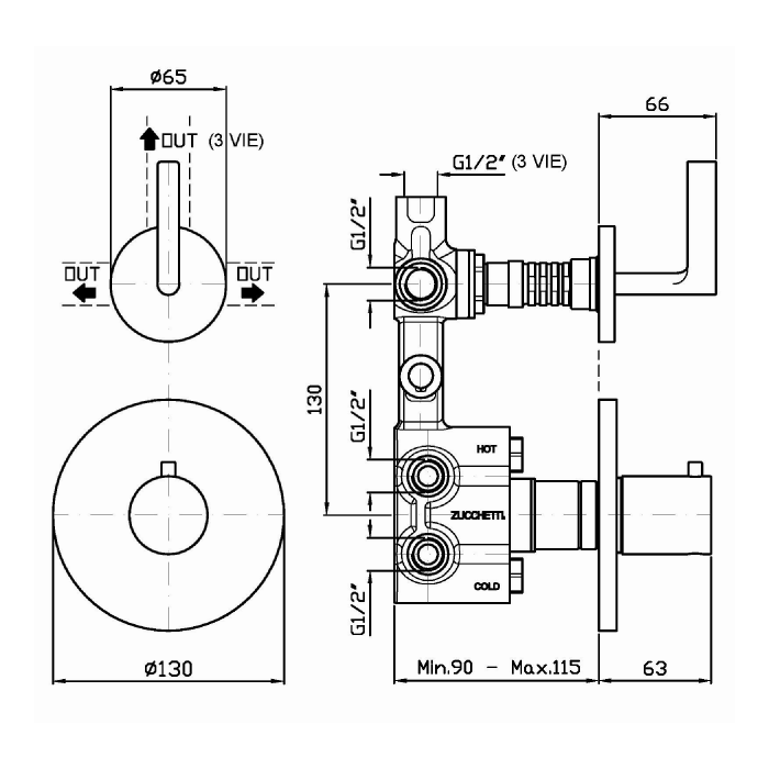 Zucchetti встроенный термостатический смеситель для душа, 1/2”, 2-х канальный, simply beautiful, хром арт. zsb5646 r97810