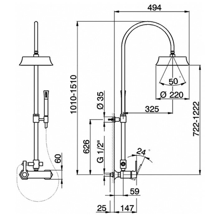 Cisal душевая стойка : стойка с верхним душем, смеситель, лейка, шланг ch0040547c cherie, цвет: золото
