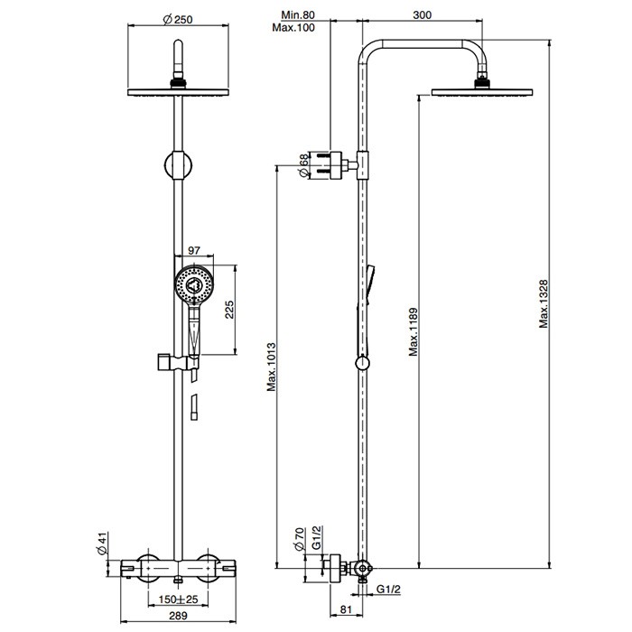 Fima Carlo Frattini душевая стойка, верхний душ 25см., с термостатическим смесителем, держателем и ручным душем colonne doccia, хром арт. f4905/rp259cr