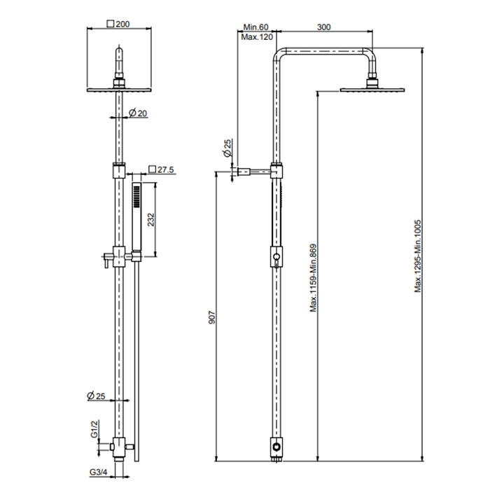 Fima Carlo Frattini душевая стойка с переключателем, верхним душем 250х250 мм. из латуни, ручным душем и шлангом 1500 мм. wellness, хром арт. f2700cr