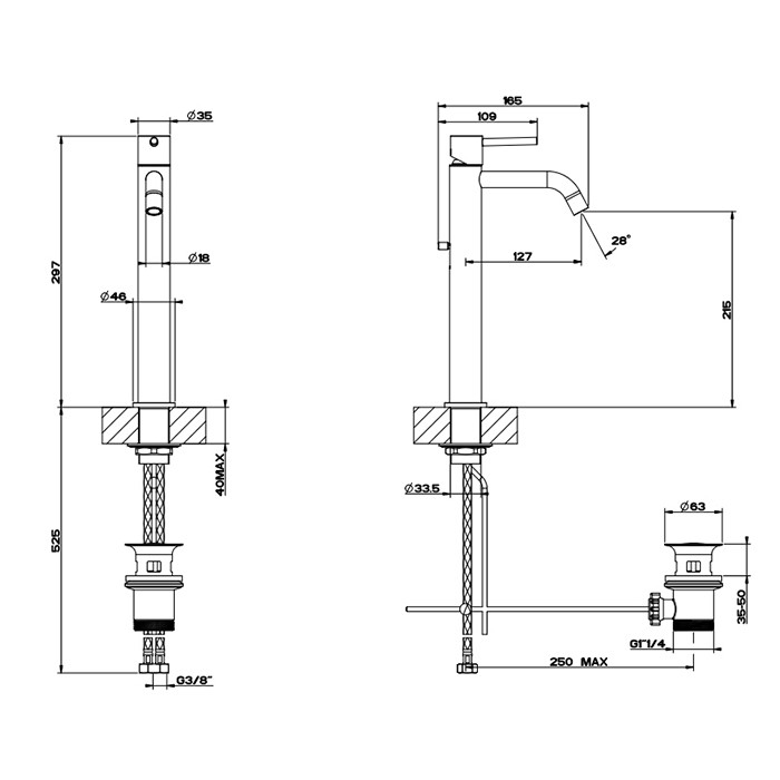 Gessi Смеситель для раковины, на 1 отв, высокий, с донным клапаном, Emporio Via tortona, 18603#149 цвет: finox brushed nickel