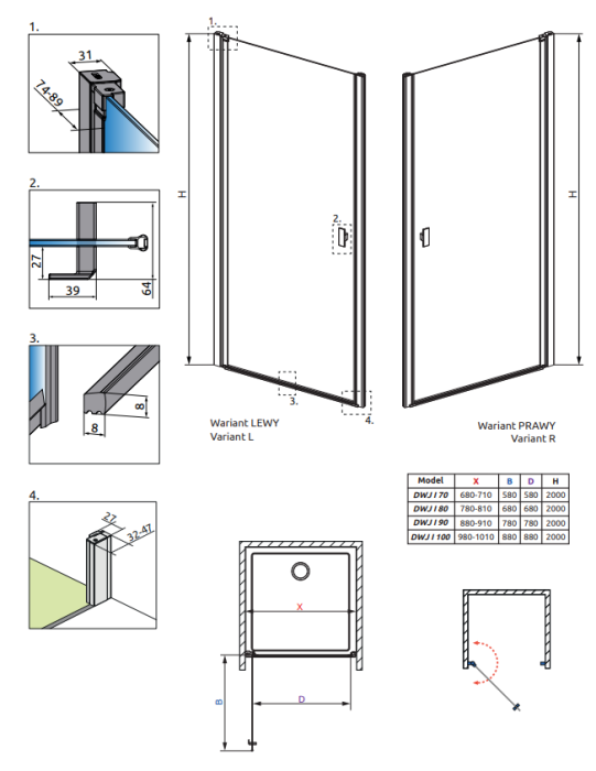 Radaway дверь в нишу dwj i правая 90 см, цвет : черный матовый, Nes - 10026090-54-01R