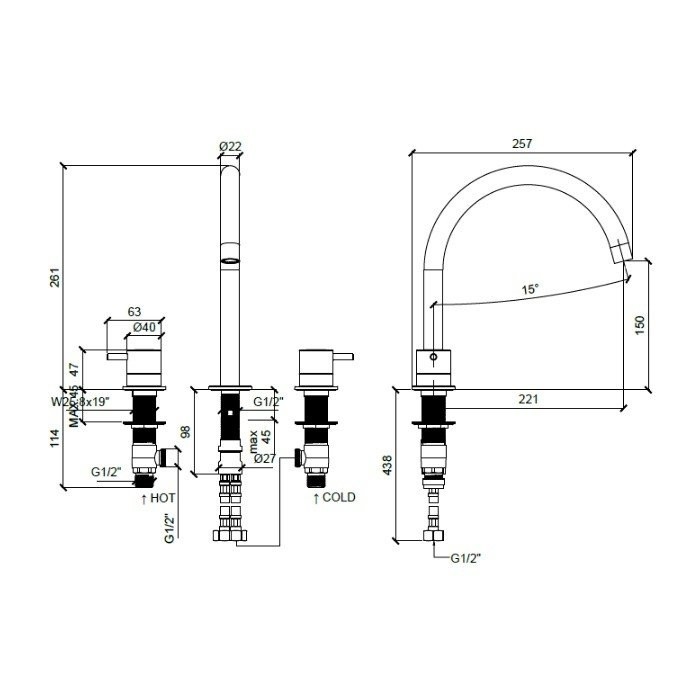 Смеситель для раковины на 3 отверстия, без донного клапана, Almar Mixers, E214004.HB цвет: латунь брашированная PVD