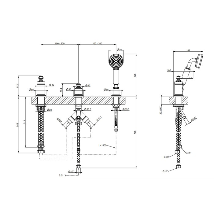 Gessi Смеситель для установки на борт ванны на 3 отверстия, однорычажный, без излива, с ручным душем и шлангом 1500 мм., Venti20, 65043#299 цвет: черный матовый