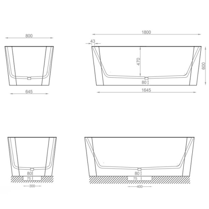 Ванна SQUARE 180х80хh60 см отдельностоящая, avio, Art Ceram SQUARE арт. ACW004 38