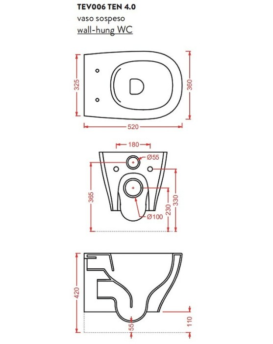 Унитаз подвесной Rimless 36х52 см, белый, Art Ceram Ten арт. TEV006 01 00