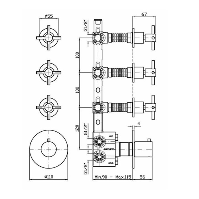 Zucchetti смеситель для душа, встраиваемый, термостатический, с переключателем на 3 потока, helm, нержавеющая сталь арт. zhm661.x