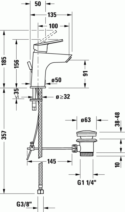 Duravit однорычажный смеситель для раковины s 156 мм, с донным клапаном, no.1, n11010001010 цвет: хром