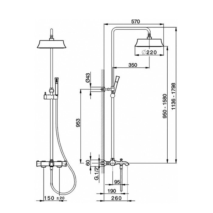 Cisal душевая стойка : термостатический смеситель для ванны и душа, верхний душ, ручной душ с держателем и шлангом cec8301024 cherie, цвет: золото