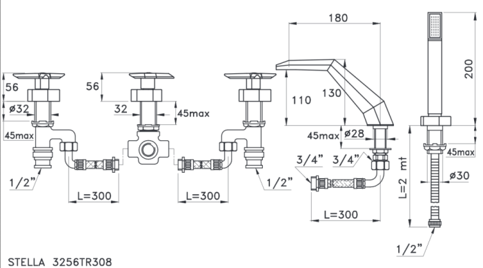 Stella смеситель для ванны и душа, хром арт. st02302cr00