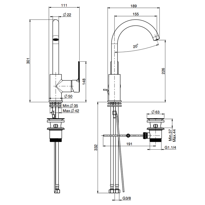 Fima Carlo Frattini смеситель на раковину с высоким изливом, mast, хром арт. f3151cr