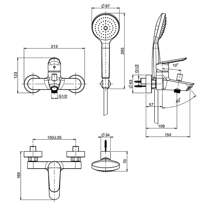 Fima Carlo Frattini смеситель для ванны, настенный, с ручным душем, spot, черный арт. f3004ns