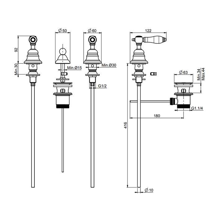 Fima Carlo Frattini cмеситель для биде на 3 отв., с донным клапаном, черные ручки, herend, золото арт. f5422cnor