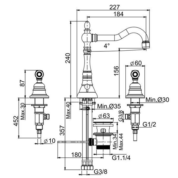 Fima Carlo Frattini смеситель для раковины, на 3 отверстия, с поворотным изливом, с донным клапаном, herend, золото арт. f5401or