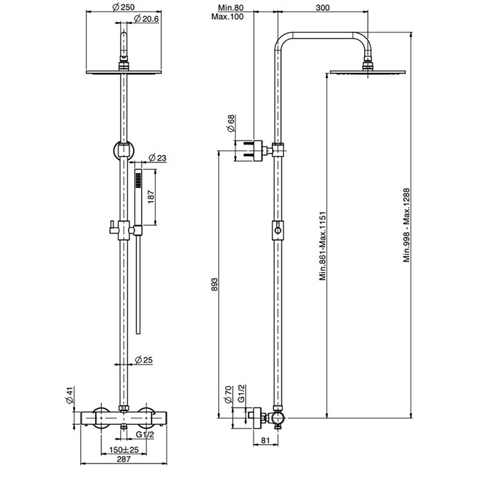 Fima Carlo Frattini душевая стойка, верхний душ 25см., с термостатическим смесителем spillo tech, держателем и ручным душем colonne doccia, золото арт. f4285t/r256xor
