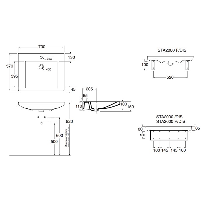 Azzurra умывальник для людей с ограниченными возможностями 70х57х15см., подвесной, 1 отв., Azzurra, THLD07057T0MBI*1 цвет: белый