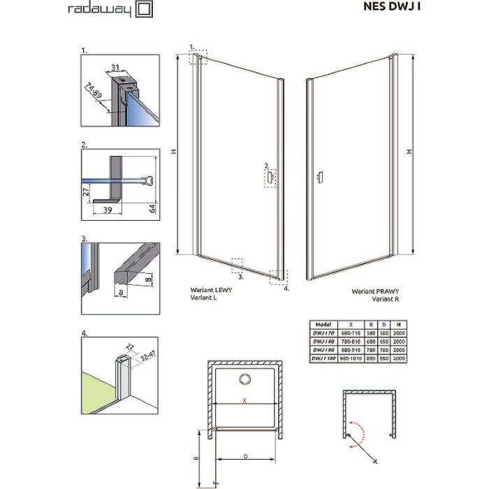 Radaway душевая дверь dwj i 70 l профиль хром стекло прозрачное, Nes - 10026070-01-01L